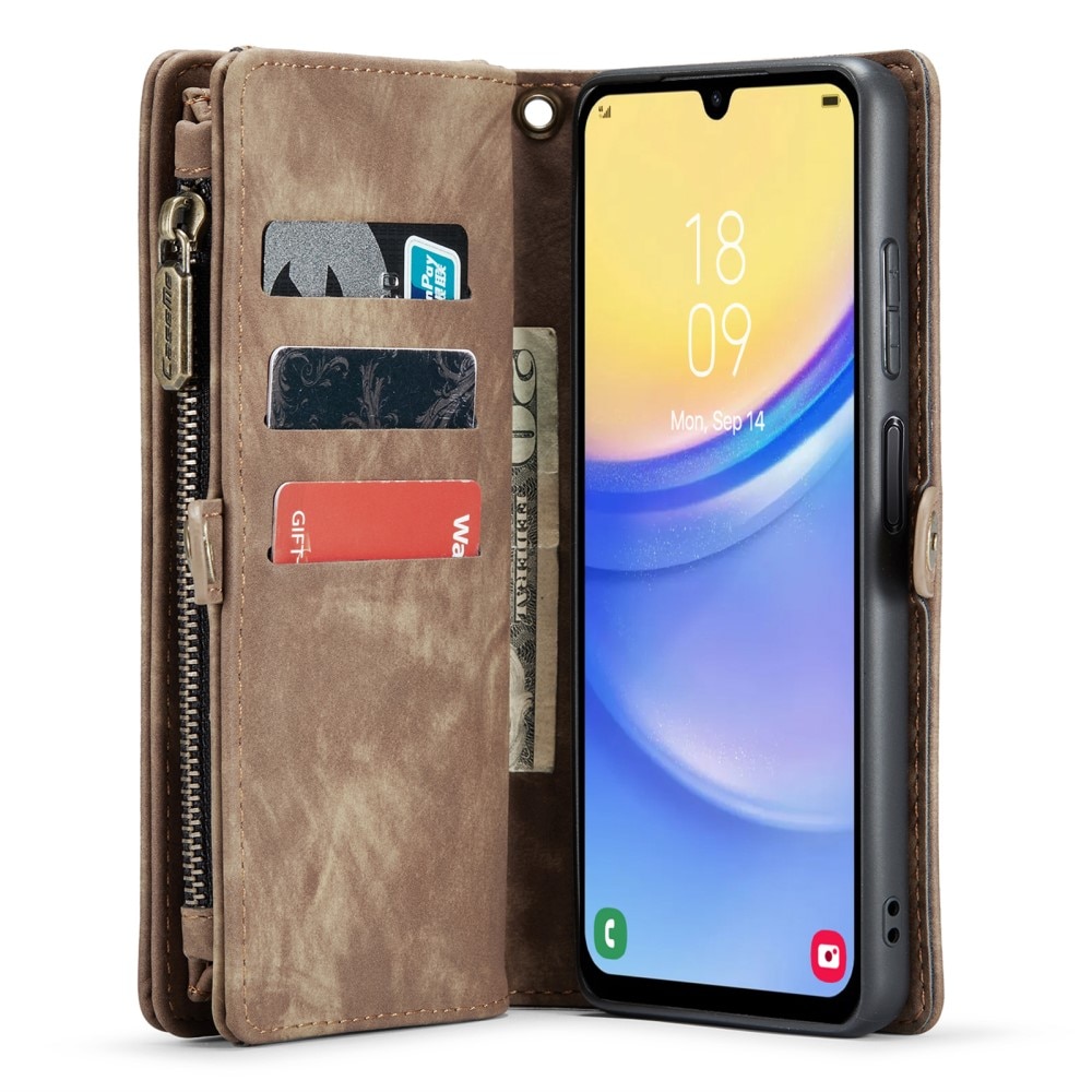 Samsung Galaxy A15 Rymligt plånboksfodral med många kortfack, brun