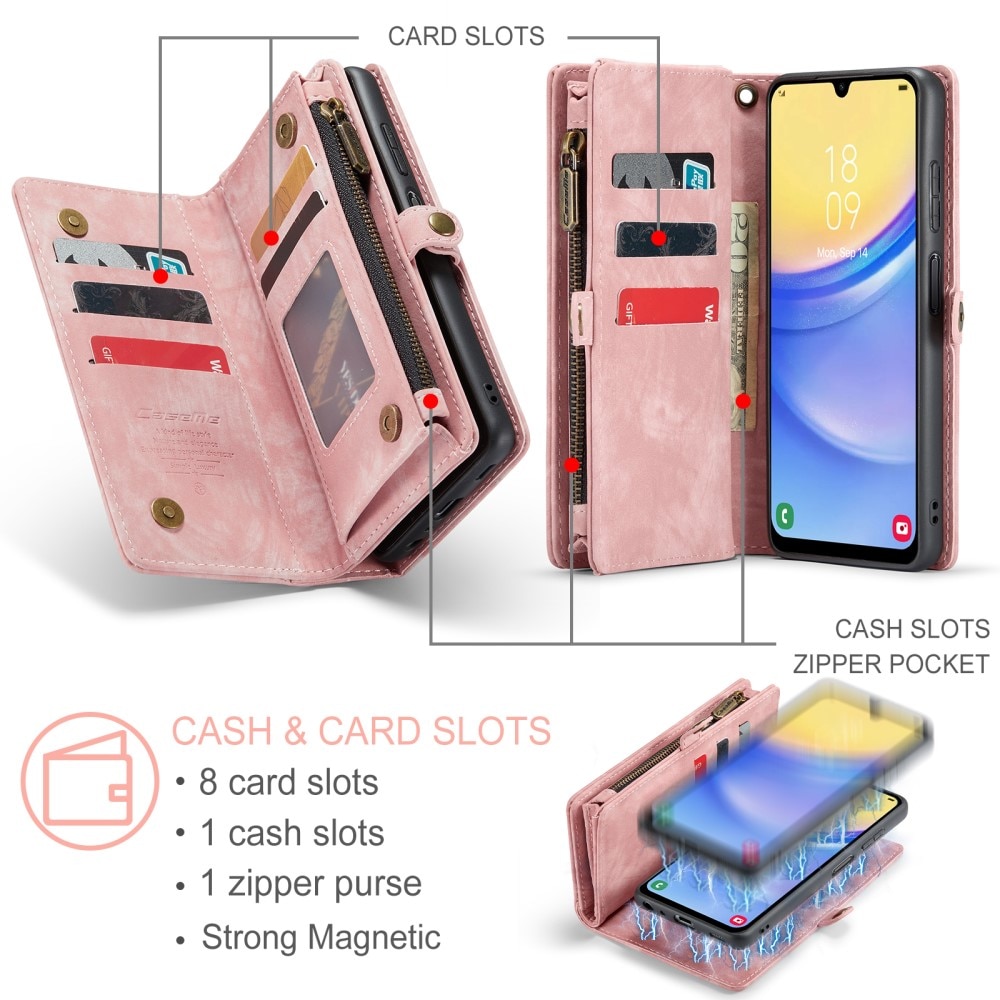 Samsung Galaxy A15 Rymligt plånboksfodral med många kortfack, rosa