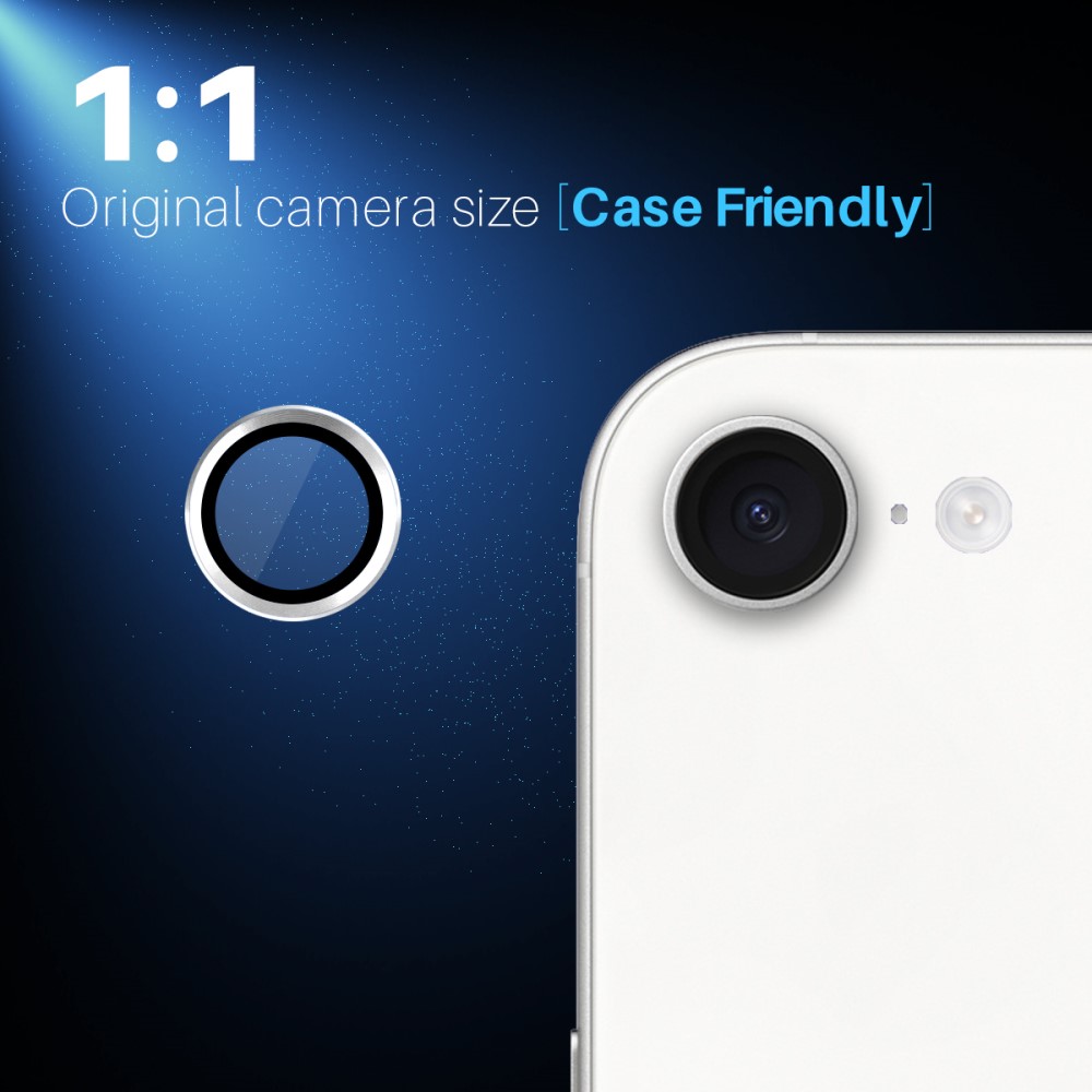 iPhone 16e Linsskydd härdat glas med aluminiumram, Silver