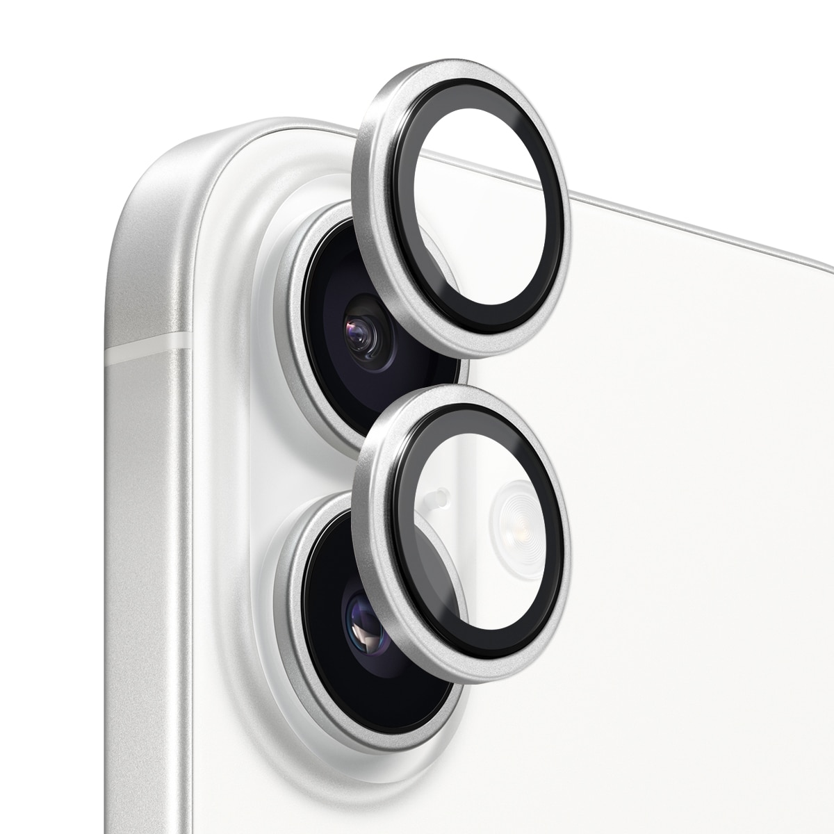 iPhone 17 Linsskydd härdat glas med aluminiumram Silver