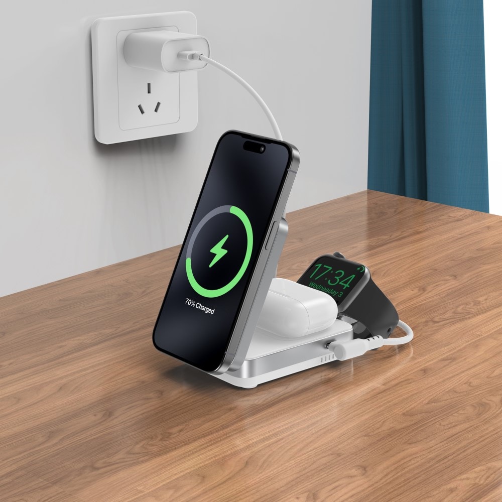 Compact Qi2 Magnetisk trådlös Vikbar Laddningställ 3-i-1, Vit