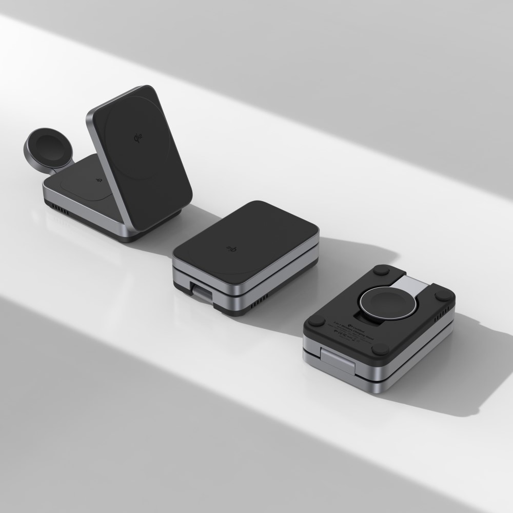 Compact Qi2 Magnetisk trådlös Vikbar Laddningställ 3-i-1, Svart