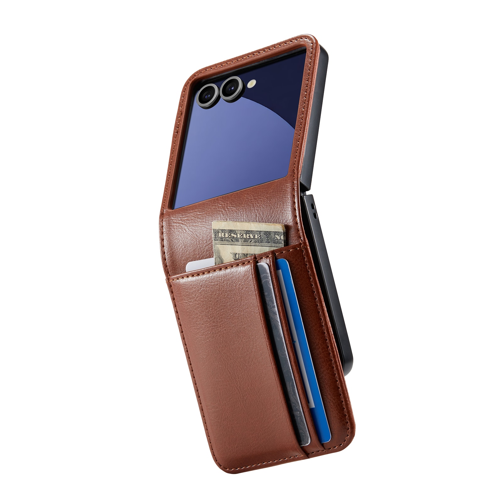Samsung Galaxy Z Flip 7 Plånboksfodral i Äkta Läder, Cognac