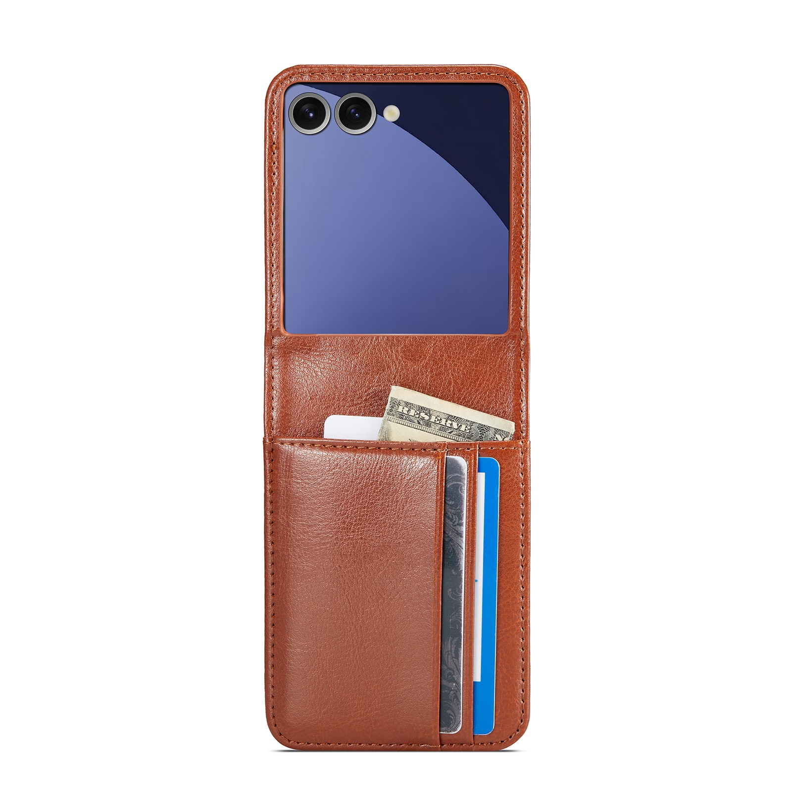 Samsung Galaxy Z Flip 7 Plånboksfodral i Äkta Läder, Cognac