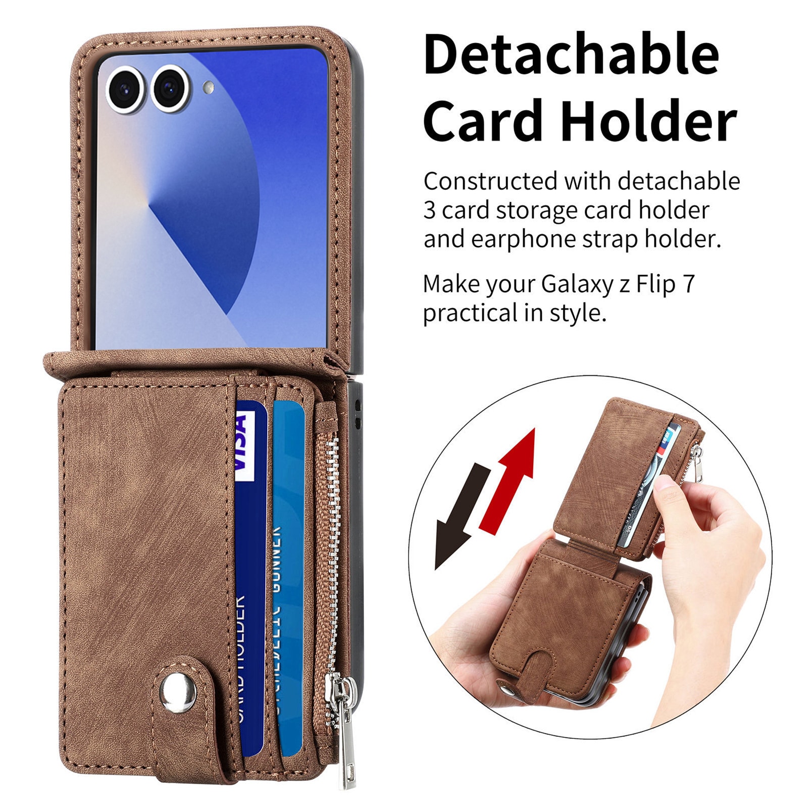 Samsung Galaxy Z Flip 7 Plånboksfodral med kortfack och dragkedja Brun