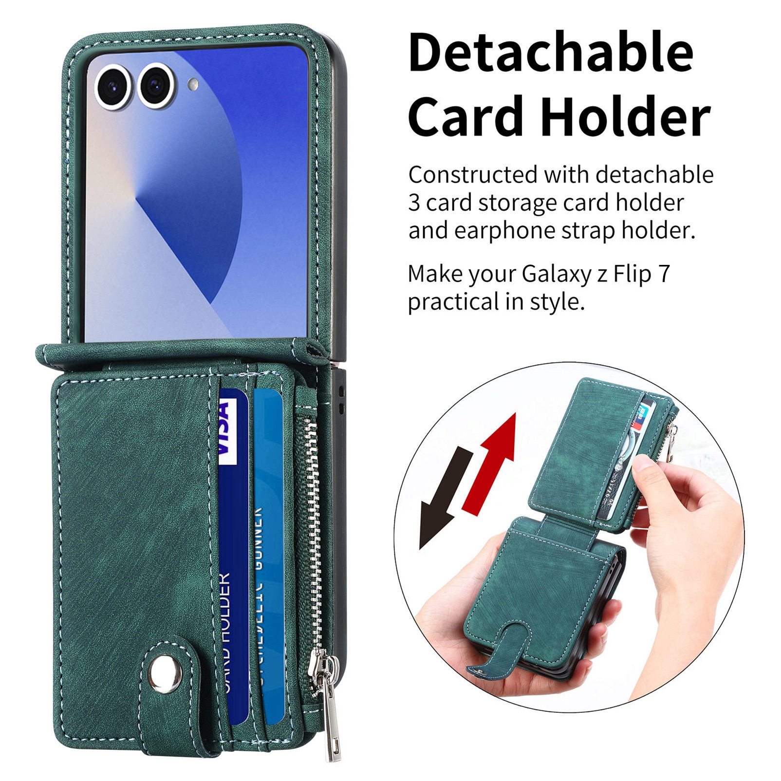 Samsung Galaxy Z Flip 7 Plånboksfodral med kortfack och dragkedja Grön