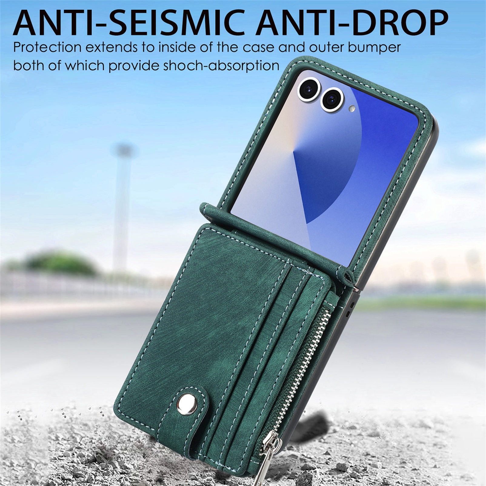Samsung Galaxy Z Flip 7 Plånboksfodral med kortfack och dragkedja Grön