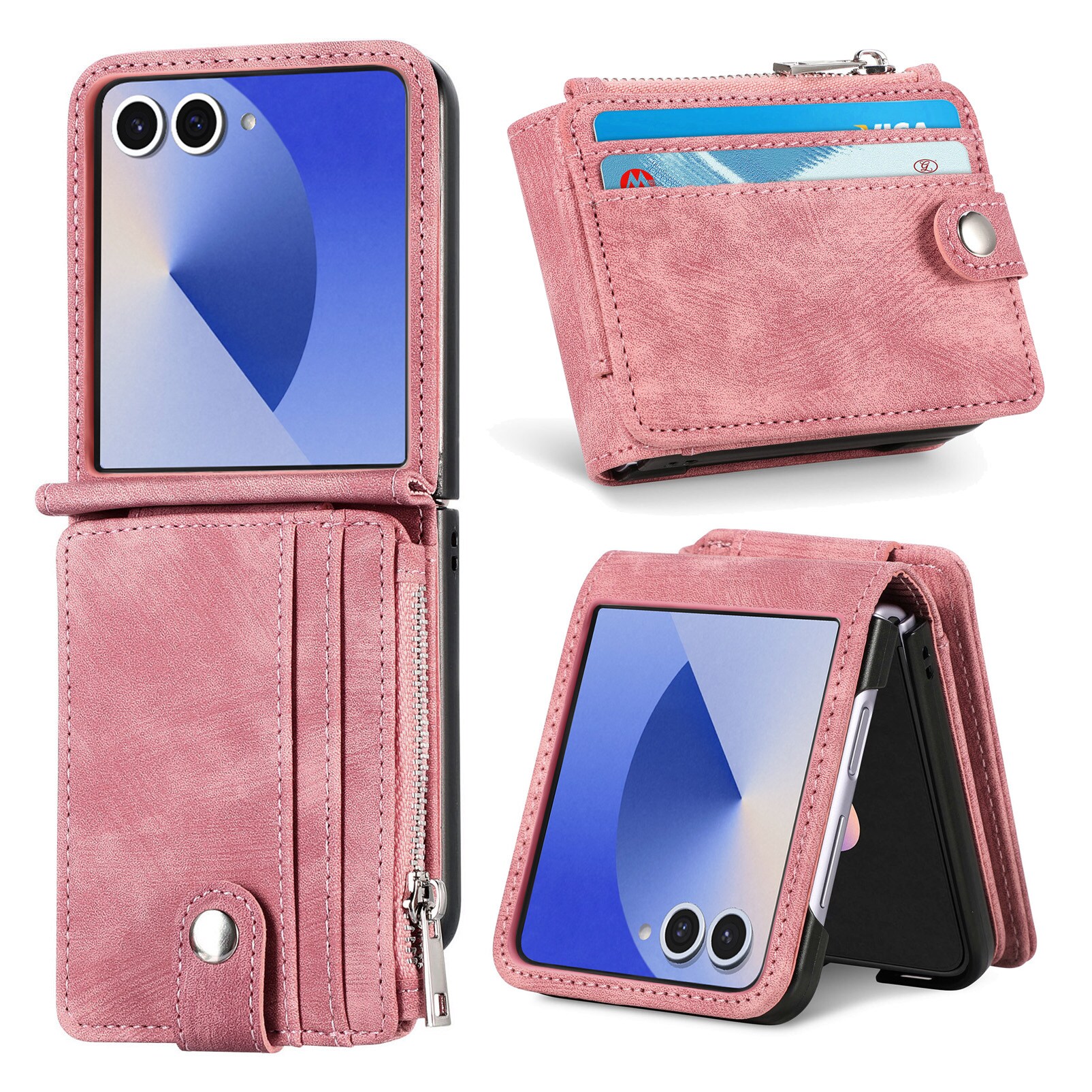 Samsung Galaxy Z Flip 7 Plånboksfodral med kortfack och dragkedja Rosa