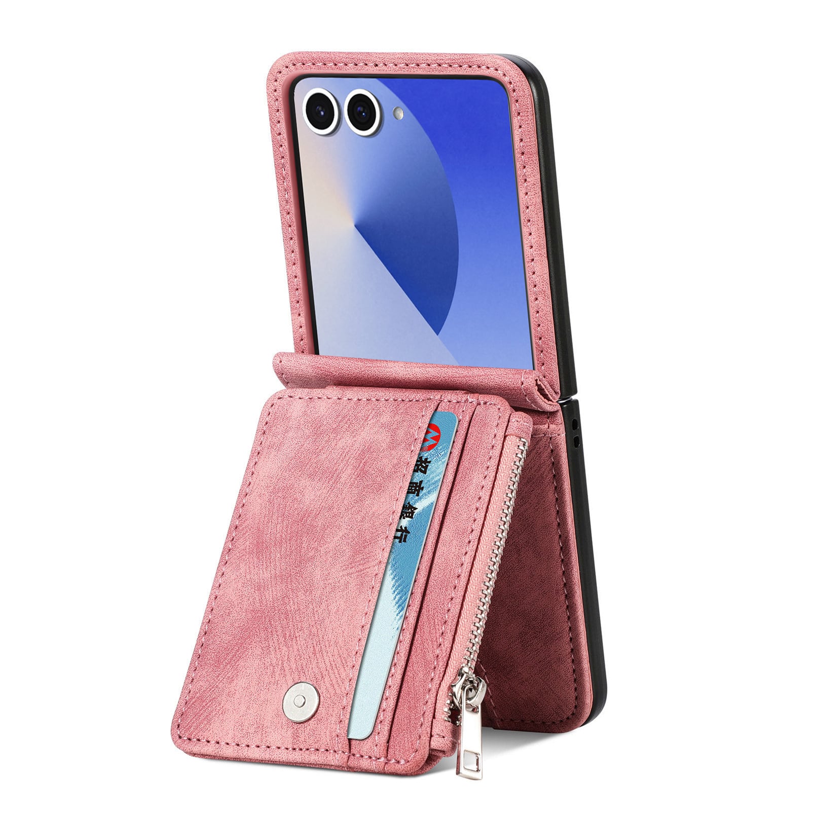 Samsung Galaxy Z Flip 7 Plånboksfodral med kortfack och dragkedja Rosa