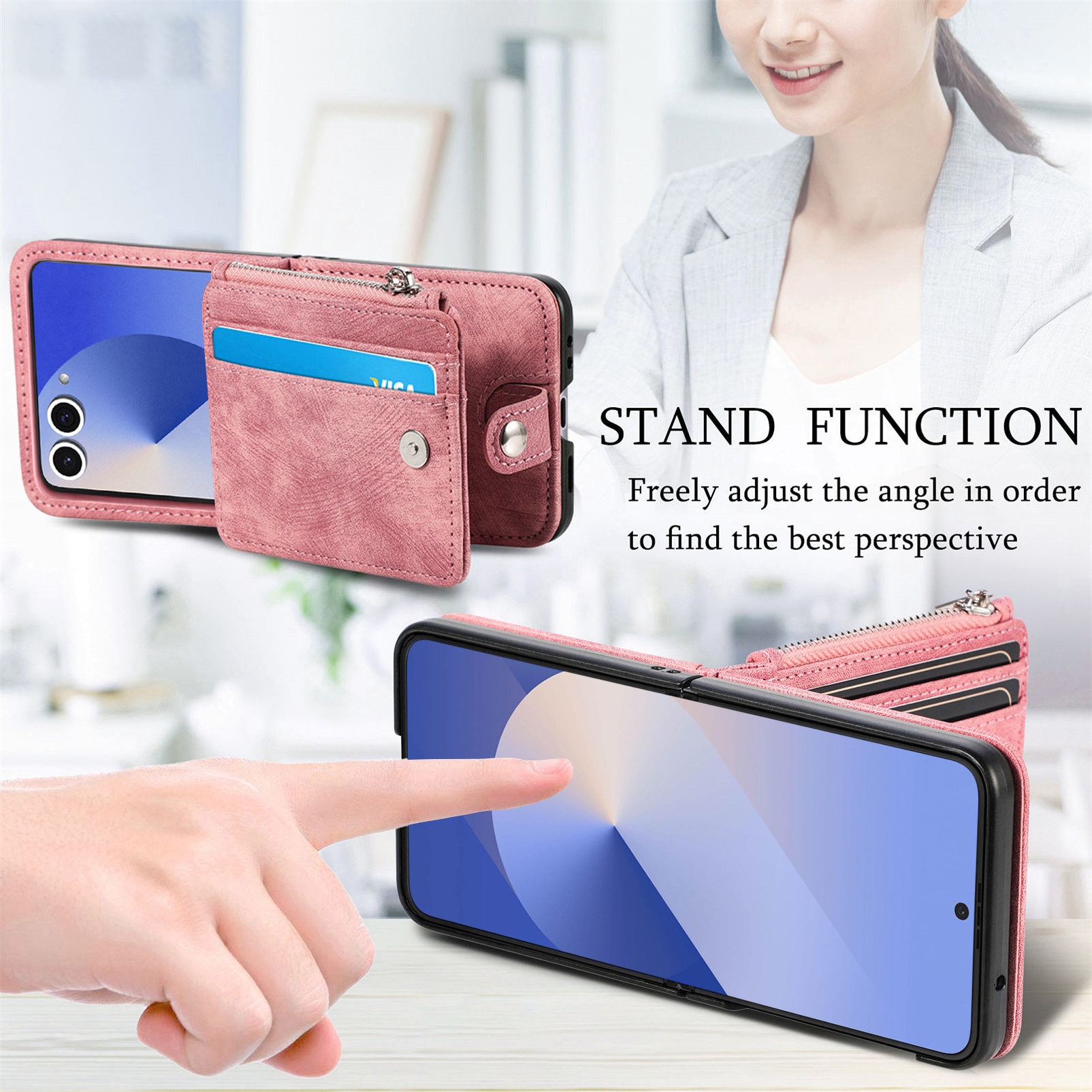 Samsung Galaxy Z Flip 7 Plånboksfodral med kortfack och dragkedja Rosa