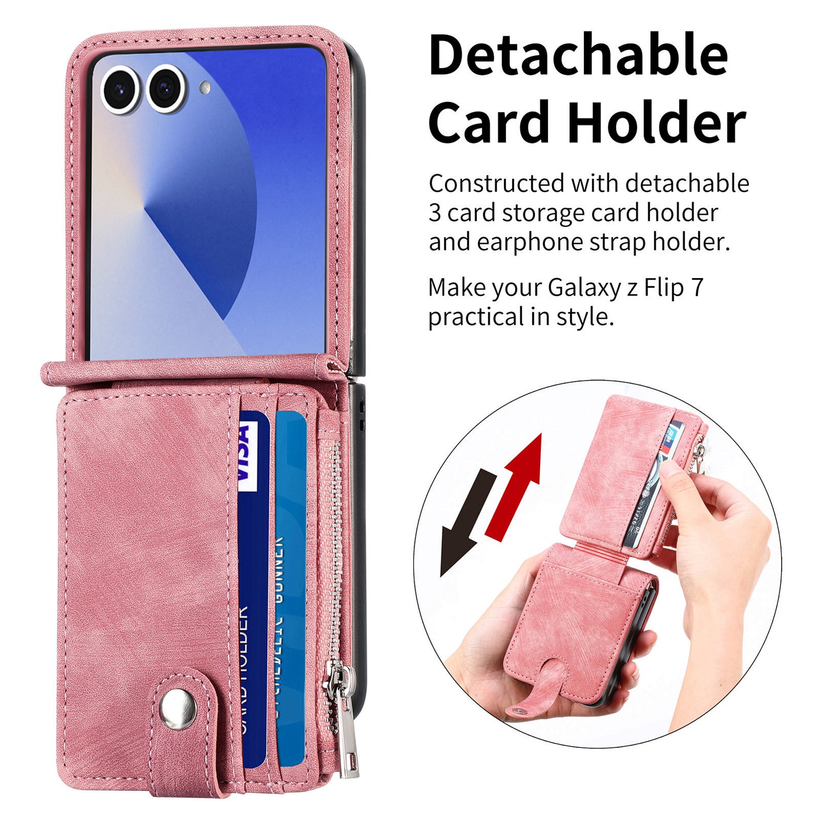 Samsung Galaxy Z Flip 7 Plånboksfodral med kortfack och dragkedja Rosa