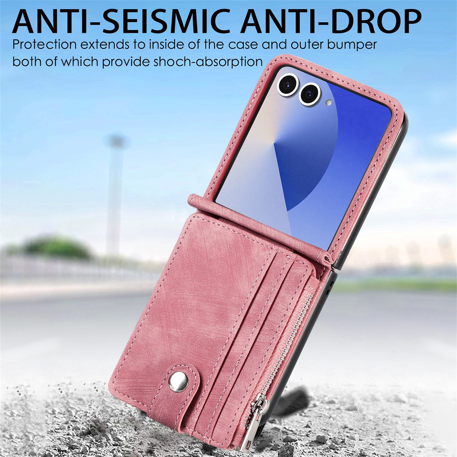 Samsung Galaxy Z Flip 7 Plånboksfodral med kortfack och dragkedja Rosa