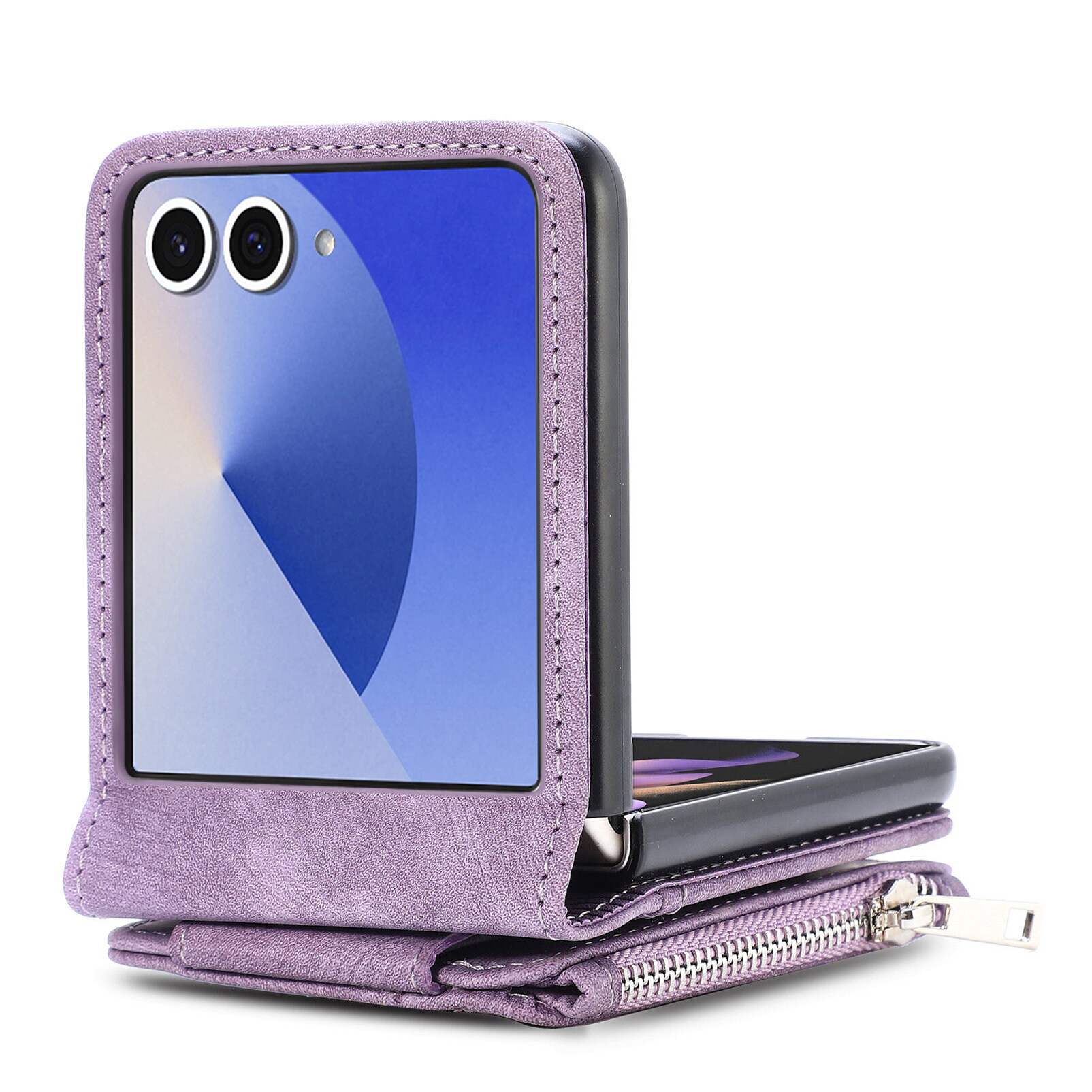 Samsung Galaxy Z Flip 7 Plånboksfodral med kortfack och dragkedja Lila
