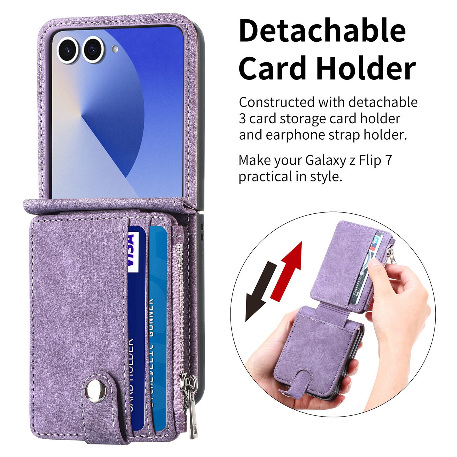 Samsung Galaxy Z Flip 7 Plånboksfodral med kortfack och dragkedja Lila