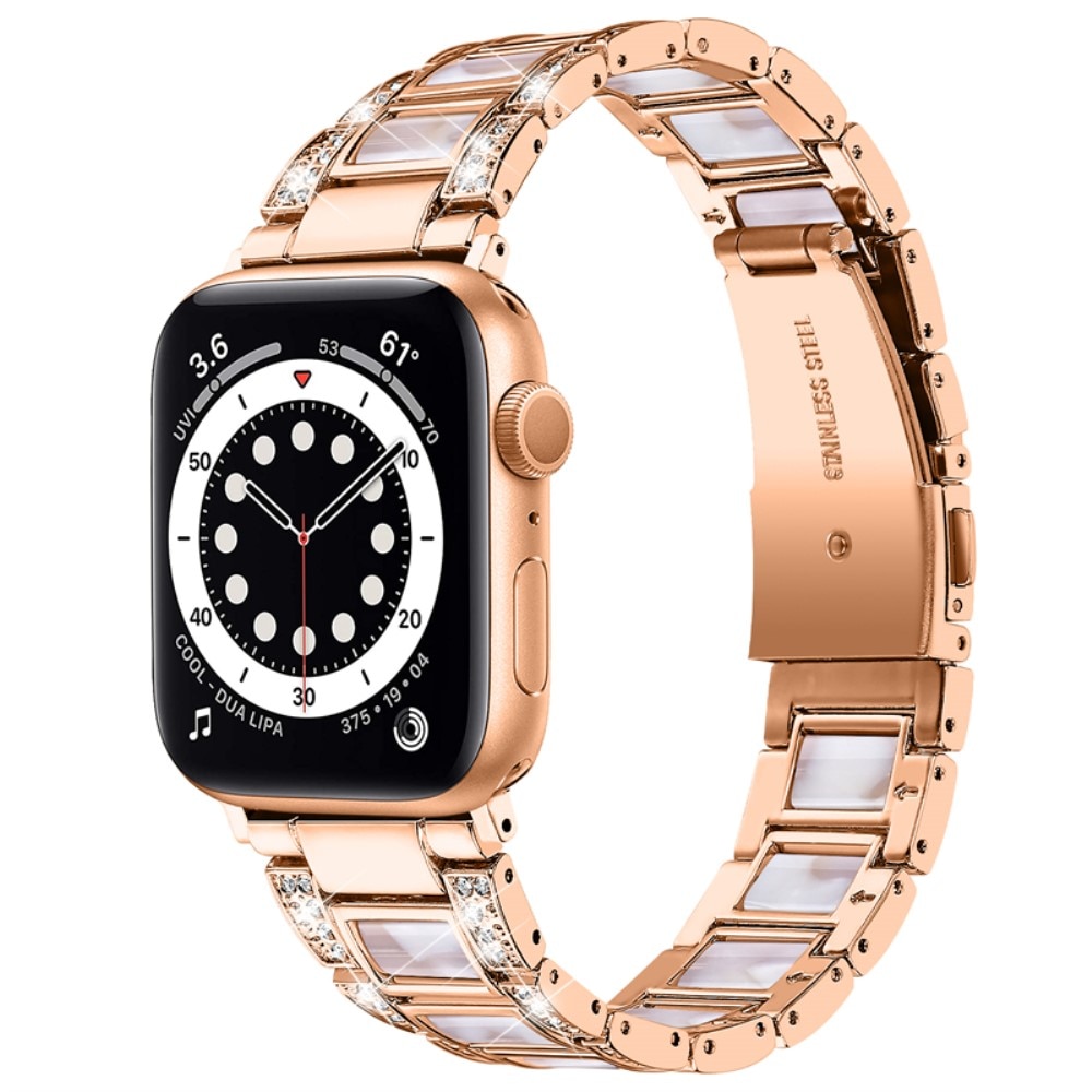 Apple Watch 45mm Series 8 Armband i metall med fina stenar, Rosegold Pearl