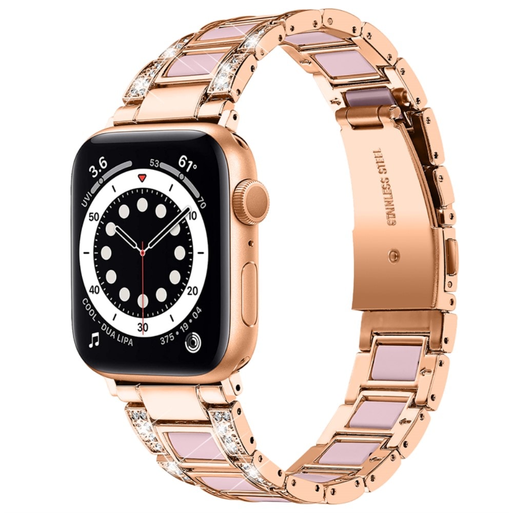 Apple Watch 45mm Series 8 Armband i metall med fina stenar, Rosegold Rose