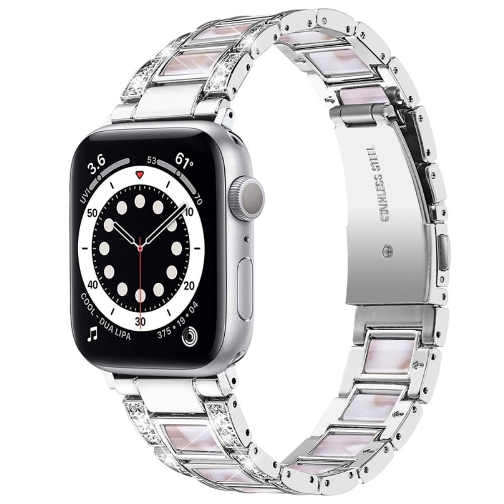 Apple Watch 45mm Series 9 Armband i metall med fina stenar, Silver Pearl