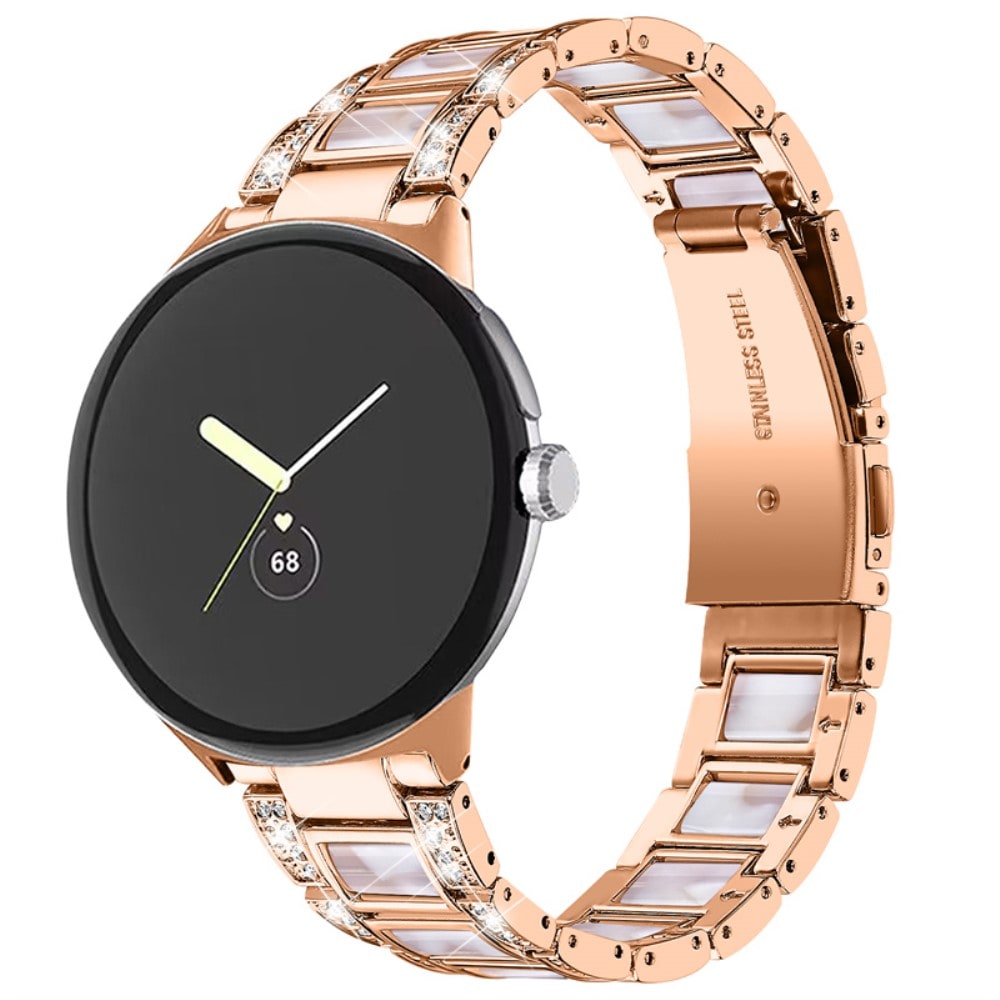 Google Pixel Watch Armband i metall med fina stenar, Rosegold Pearl