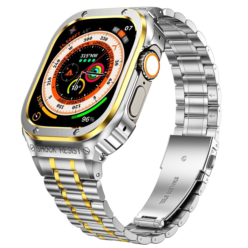 Apple Watch SE 44mm Robust armband med inbyggt skal Full Metal, silver/guld