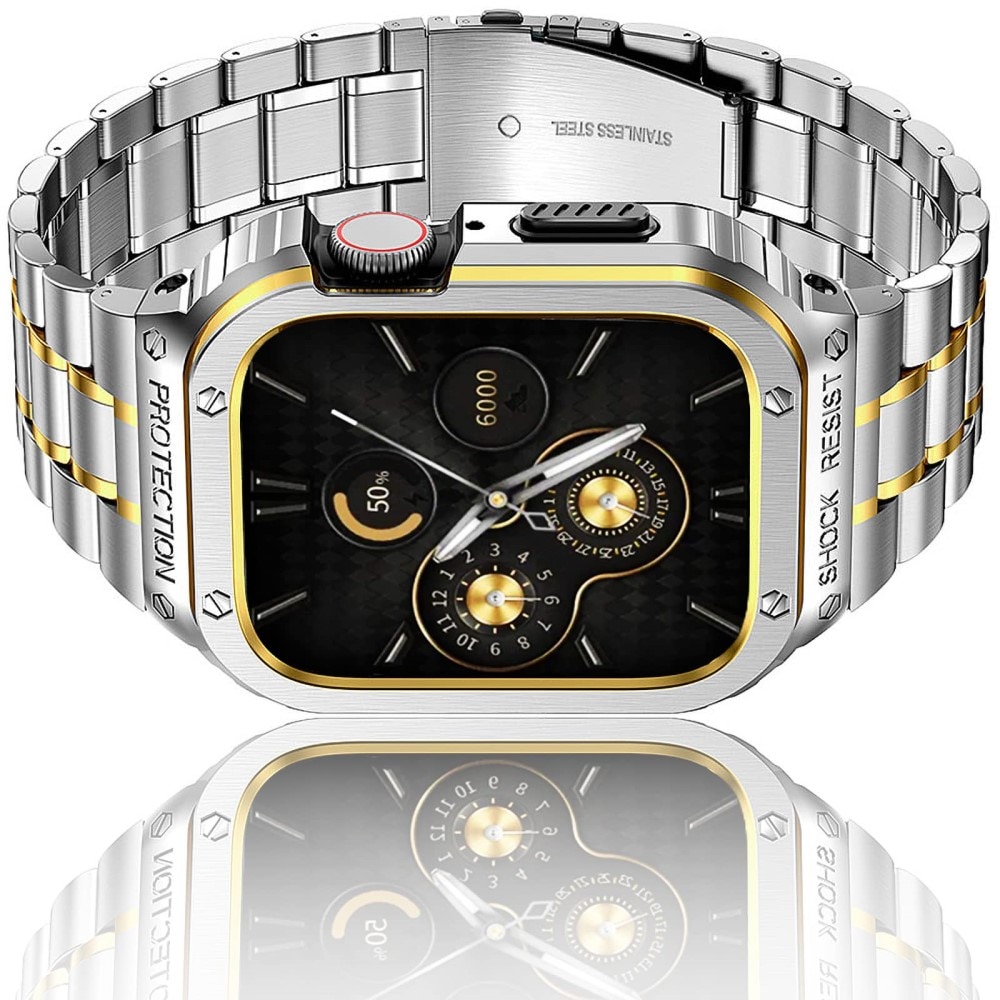 Apple Watch 44mm Robust armband med inbyggt skal Full Metal, silver/guld