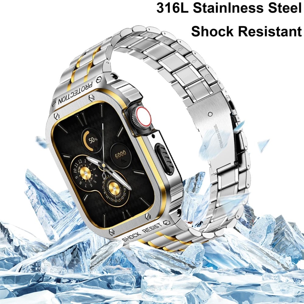 Apple Watch SE 44mm Robust armband med inbyggt skal Full Metal, silver/guld