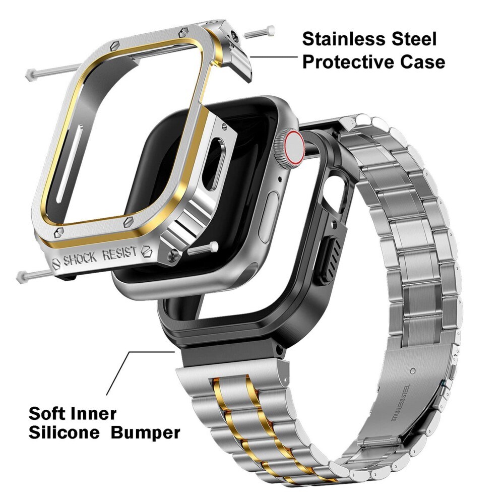 Apple Watch SE 44mm Robust armband med inbyggt skal Full Metal, silver/guld