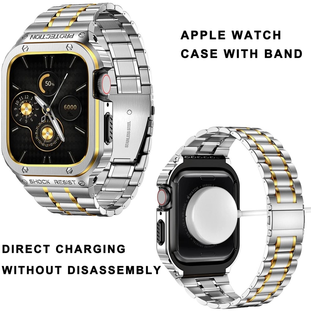 Apple Watch SE 44mm Robust armband med inbyggt skal Full Metal, silver/guld