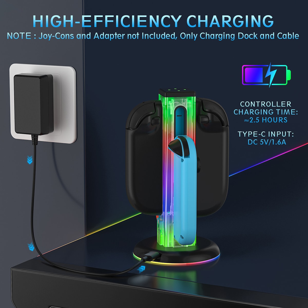 Nintendo Switch Joy-Con laddningsstation med RGB-belysning, Svart
