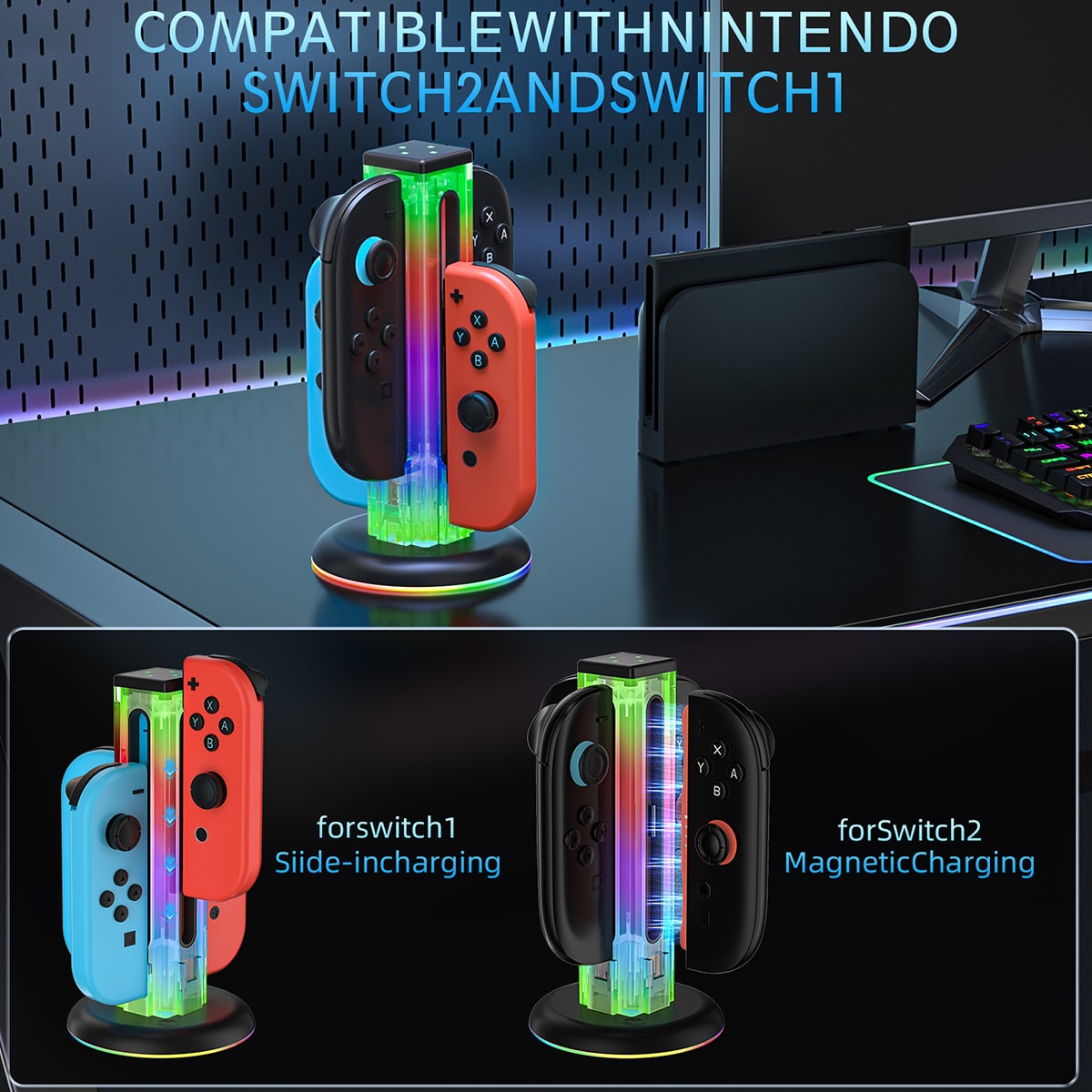 Nintendo Switch Joy-Con laddningsstation med RGB-belysning, Svart