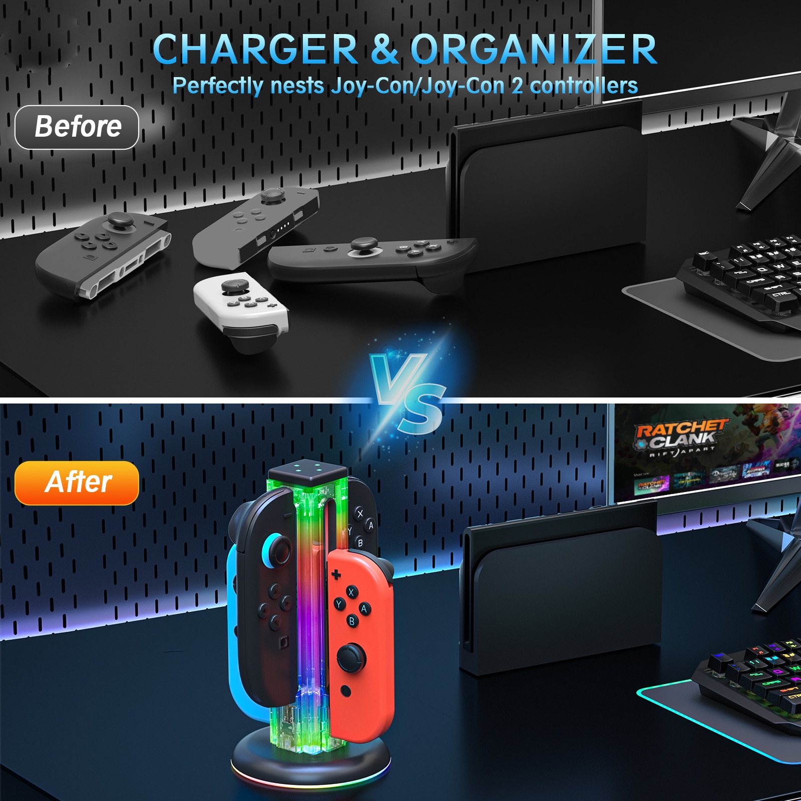 Nintendo Switch Joy-Con laddningsstation med RGB-belysning, Svart