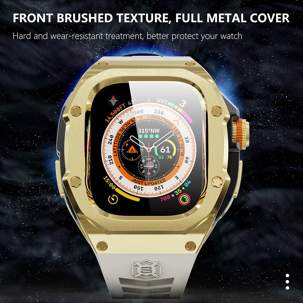Apple Watch Ultra 49mm High Brushed Metal Skal+Armband, Gold/White