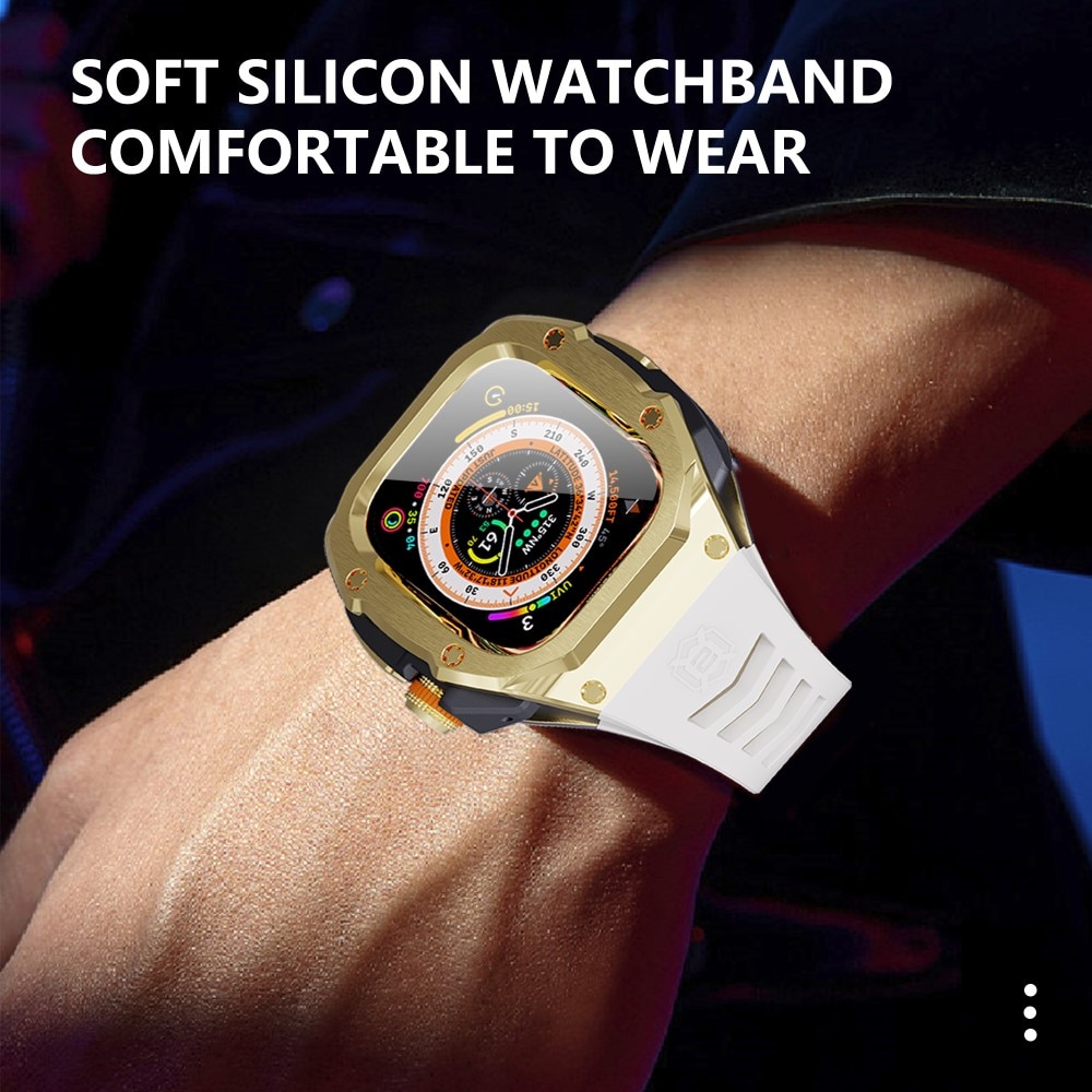 Apple Watch Ultra 49mm High Brushed Metal Skal+Armband, Gold/White