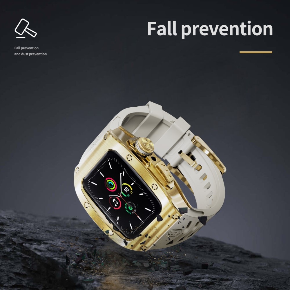 Apple Watch 45mm Series 9 High Brushed Metal Skal+Armband, Gold/White