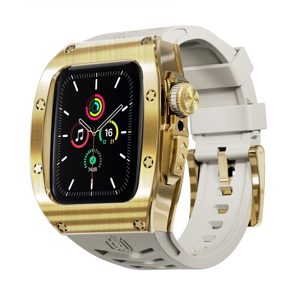 Apple Watch 45mm Series 9 High Brushed Metal Skal+Armband, Gold/White