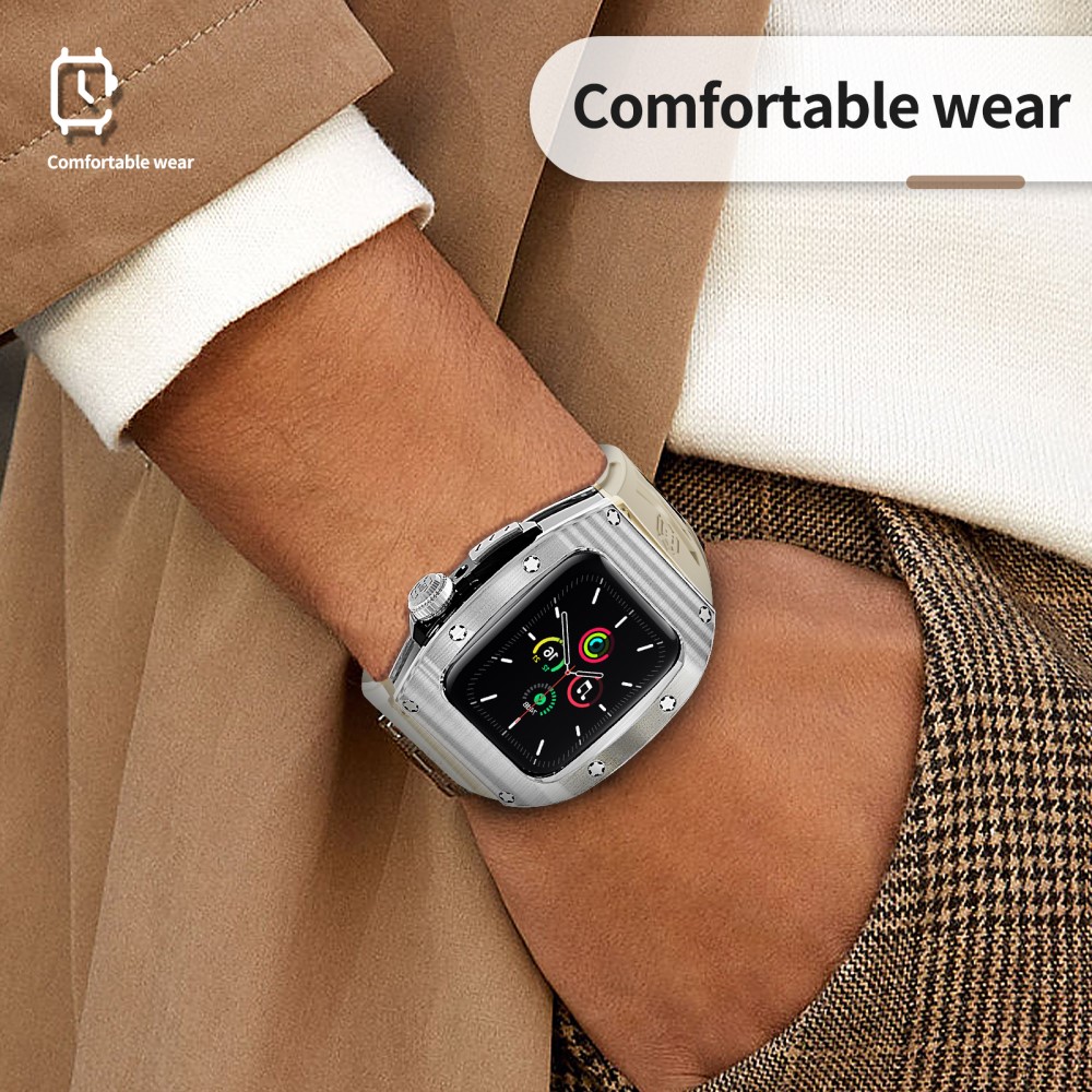 Apple Watch 45mm Series 9 High Brushed Metal Skal+Armband, Steel/White