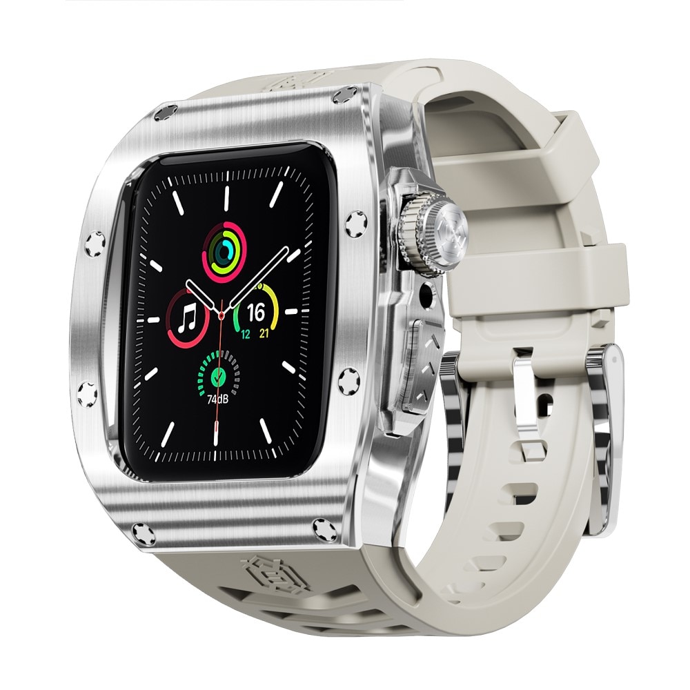 Apple Watch 44mm High Brushed Metal Skal+Armband, Steel/White