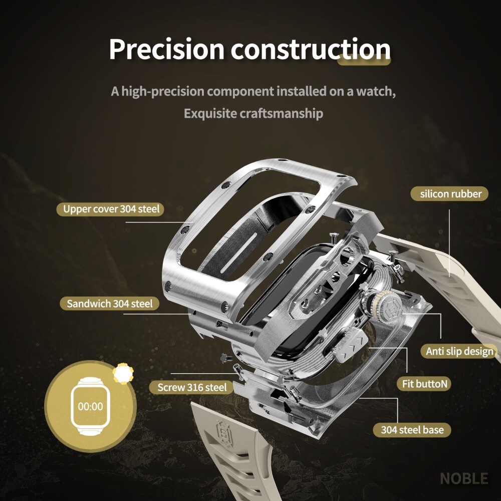 Apple Watch 45mm Series 9 High Brushed Metal Skal+Armband, Steel/White