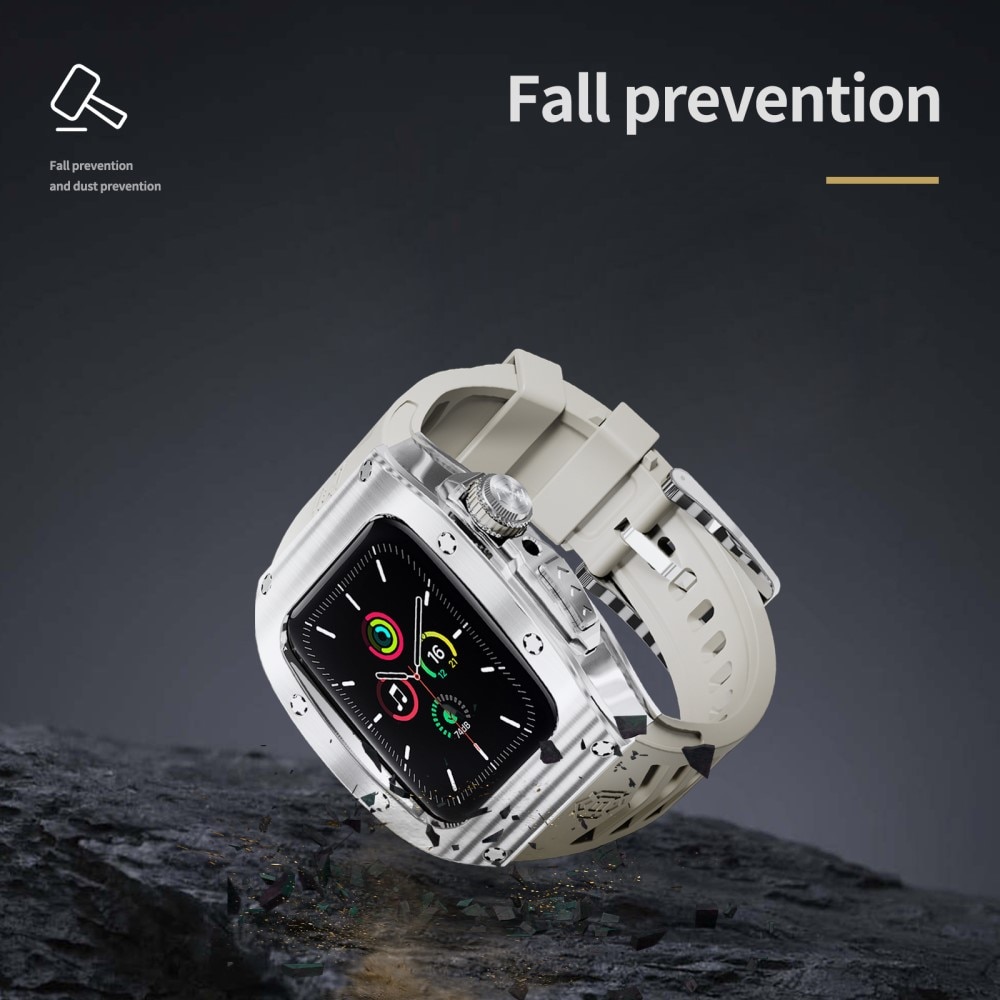 Apple Watch 44mm High Brushed Metal Skal+Armband, Steel/White