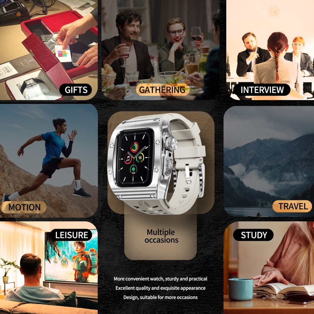 Apple Watch 45mm Series 9 High Brushed Metal Skal+Armband, Steel/White