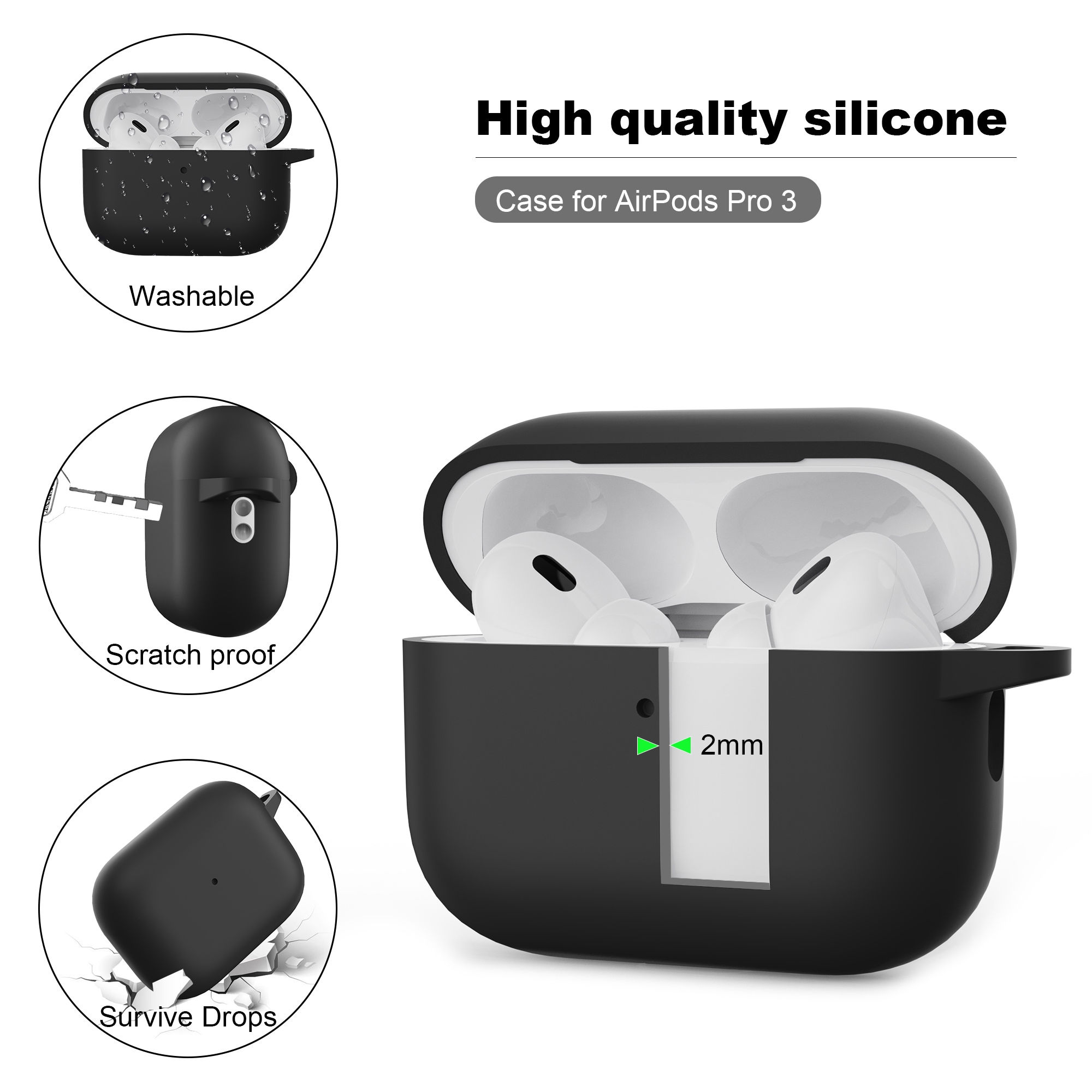 Apple AirPods Pro 3 Silikonskal + karbinhake, Grå