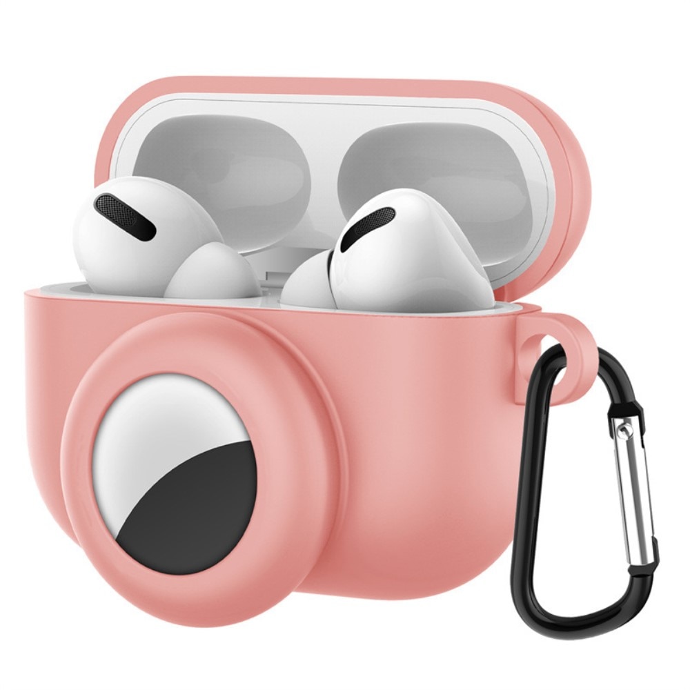 Apple AirPods Pro Silikonskal med AirTag-hållare + karbinhake, rosa