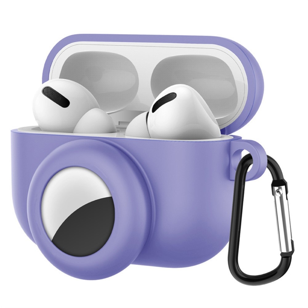 Apple AirPods Pro Silikonskal med AirTag-hållare + karbinhake, lila