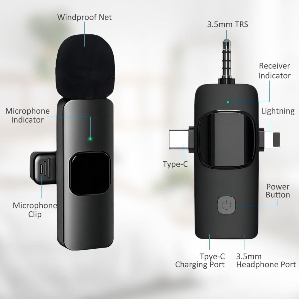 2 små trådlösa mikrofoner med mottagare USB-C och Lightning, Svart