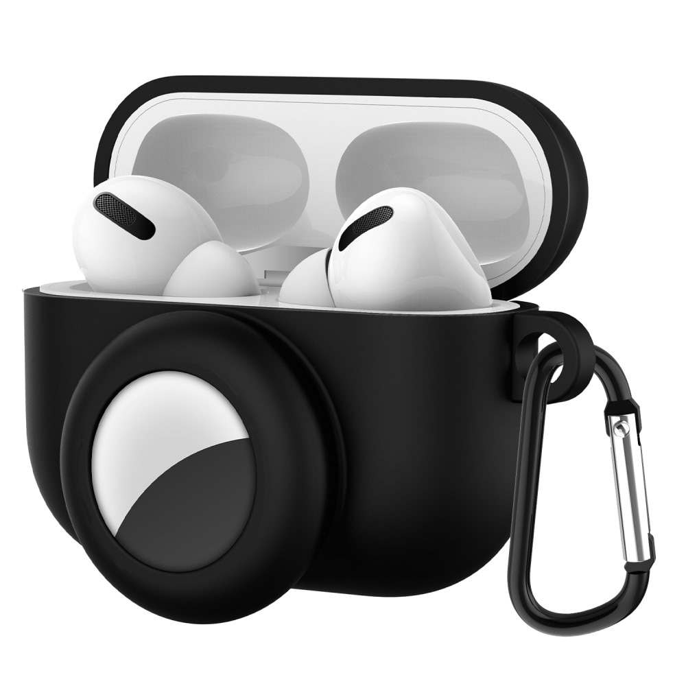 Apple AirPods Pro Silikonskal med AirTag-hållare + karbinhake, svart