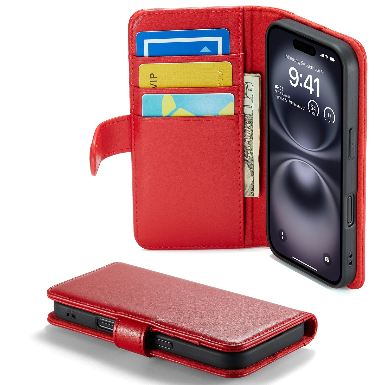 iPhone 16 Plånboksfodral i Äkta Läder, Röd