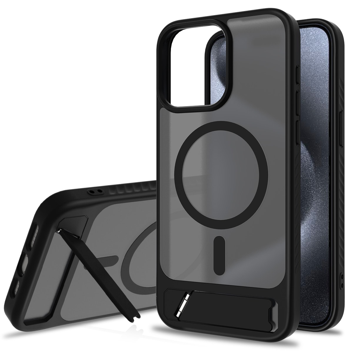 iPhone 15 Pro Max Magnetiskt hybridskal med inbyggt ställ, Svart