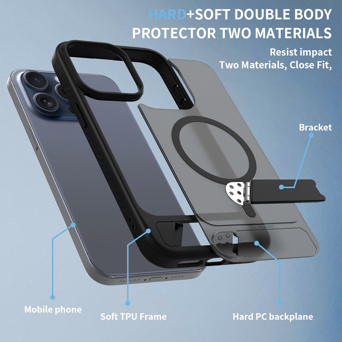 iPhone 15 Pro Max Magnetiskt hybridskal med inbyggt ställ, Svart