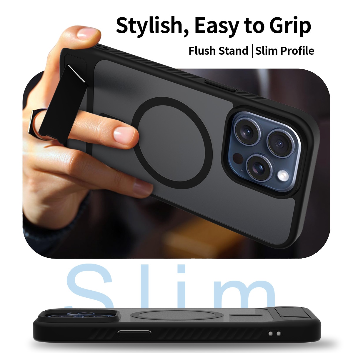 iPhone 15 Pro Max Magnetiskt hybridskal med inbyggt ställ, Svart