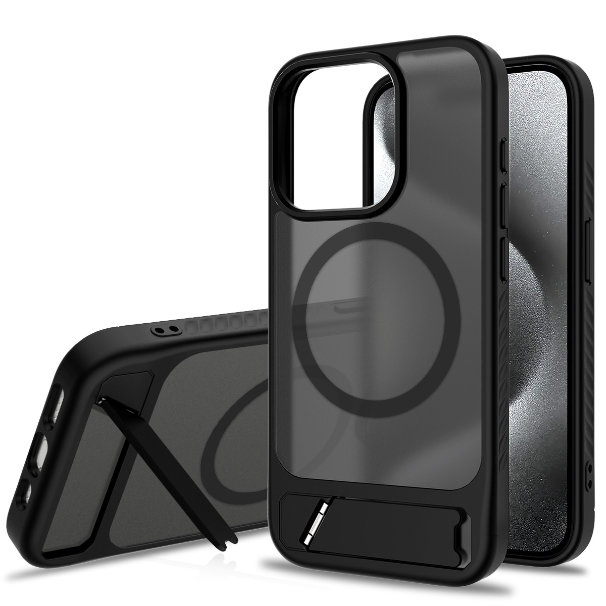 iPhone 15 Pro Magnetiskt hybridskal med inbyggt ställ, Svart