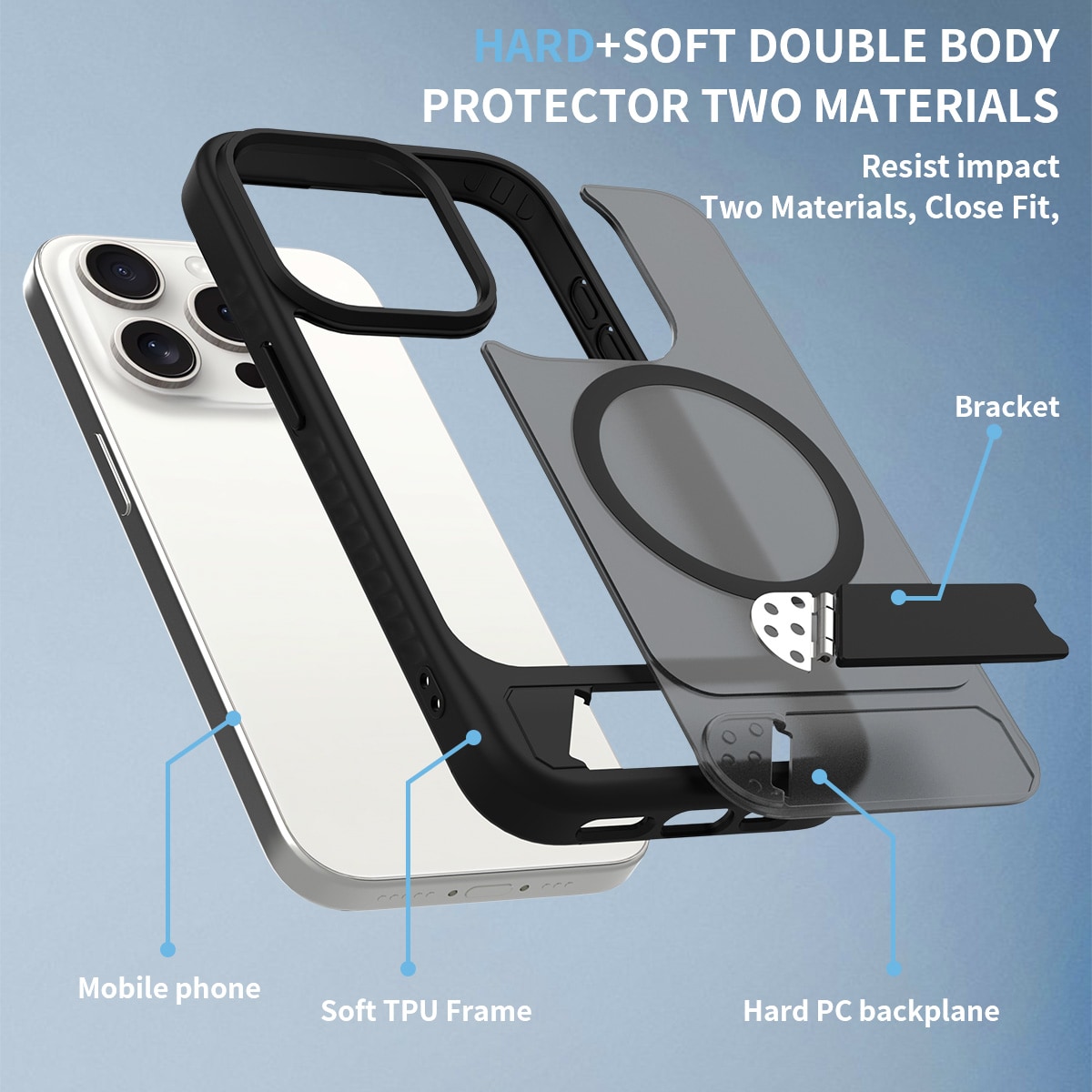 iPhone 15 Pro Magnetiskt hybridskal med inbyggt ställ, Svart